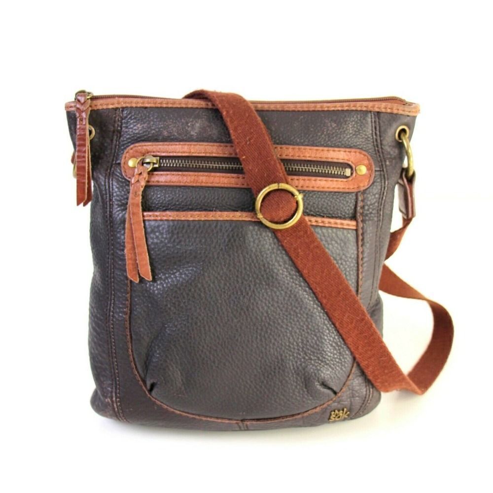 THE SAK TWO TONE BROWN GENUINE LEATHER X-BODY SHOULDER BAG HANDBAG CROSSBODY